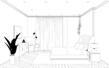 interior contour visualization, 3D illustration, sketch, outline