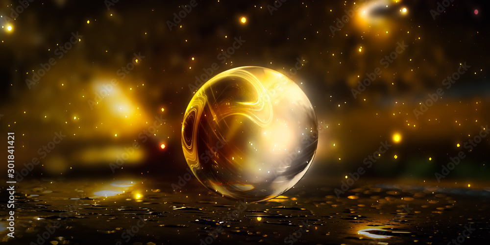 Wall mural a transparent glass ball with reflection in the center of an abstract dark background. smoke, empty 