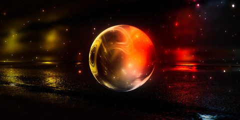 A transparent glass ball with reflection in the center of an abstract dark background. Smoke, empty scene background. Dark neon background, wet asphalt. 3D illustration