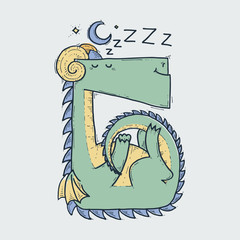 Cute cartoon sleepy dragon at night, doodle childish