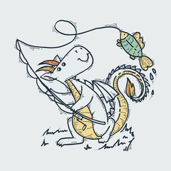Cute cartoon dragon with fish, doodle fishing childish