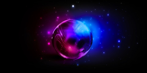 A transparent glass ball with reflection in the center of an abstract dark background. Smoke, empty scene background. Dark neon background, wet asphalt. 3D illustration