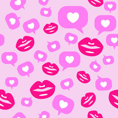 pattern pink lips and hearts in clouds on a pink background