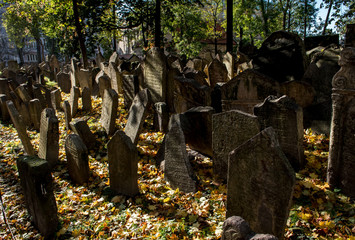 Old Weathered Tombstones On Jewish Cemetery In Prague In The Czech Republic