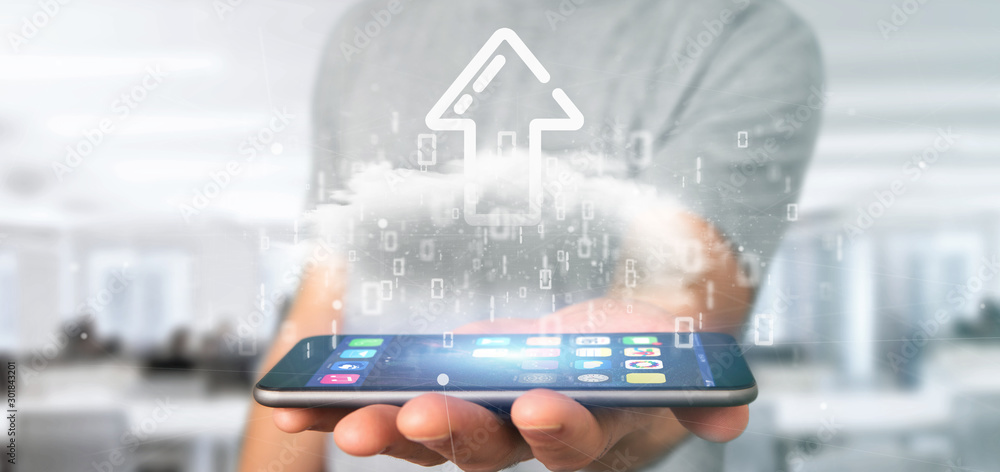 Poster businessman holding a binary cloud with upload internet arrow 3d rendering