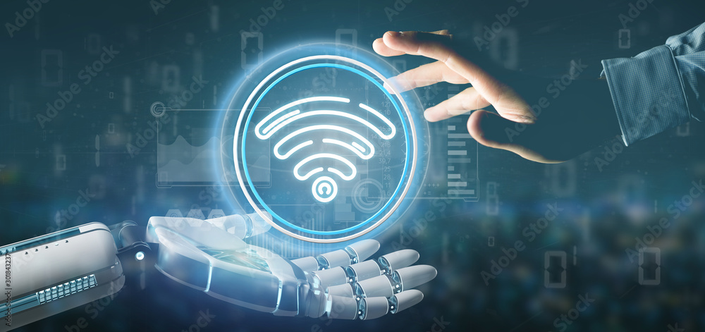 Poster cyborg hand holding wifi icon with stats and binary code 3d rendering