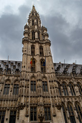 BRUSSELS, BELGIUM - JANUARY 1, 2019: Brussels Town Hall on Grand Place in Brussels, Belgium on January 1, 2019. 