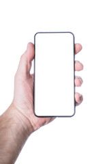 Hand holds a phone with a blank screen, isolated on white background. For design and simulation mock up. Full Screen