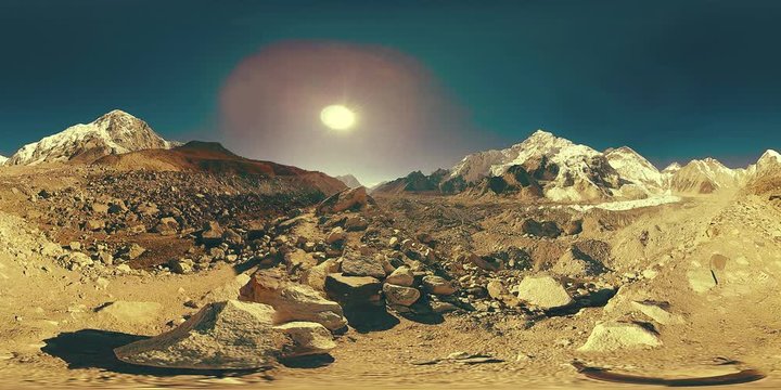 360 vr of the Everest Base camp at Khumbu glacier. Khumbu valley, Sagarmatha national park, Nepal of the Himalayas. EBC track route near Gorak Shep.