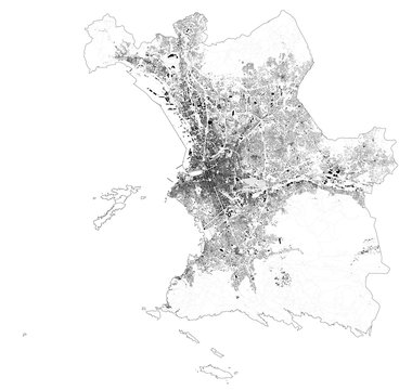 Satellite map of Marseille and buildings, France. Map roads, ring roads and highways, rivers. Transportation map