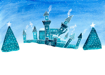 winter city landscape with houses and trees