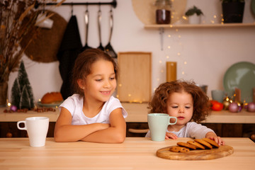 two little girls prepare Christmas cookies in the kitchen