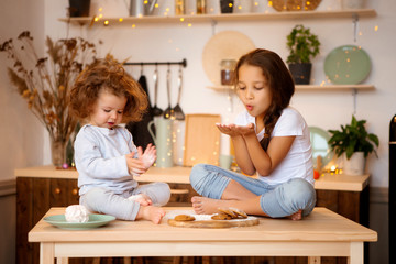 two little girls prepare Christmas cookies in the kitchen