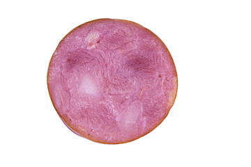 Sliced piece of sausage isolated on a white background