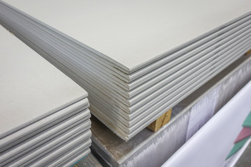 Drywall stack in a hardware store. Construction material