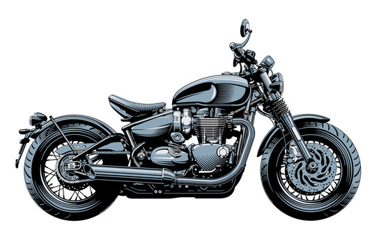 Bobber or chopper motorcycle, side view, isolated on white background. Monochrome hi-detailed vector illustration.