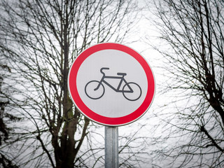 Outdoor "No cycling" sign. Forbidden traffic for bicycles. No bikes