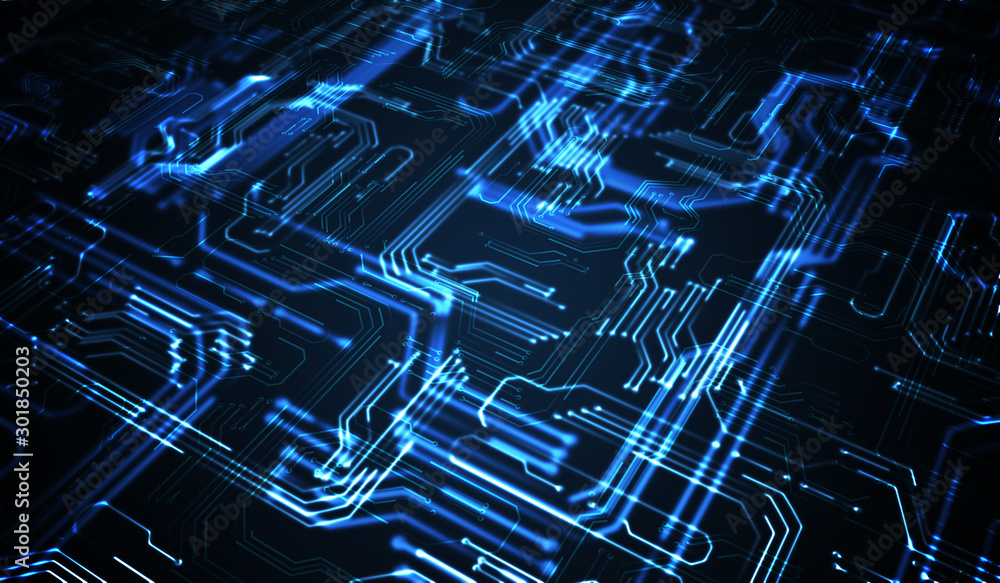 Poster quantum computing concept. abstract glowing electronic circuit.