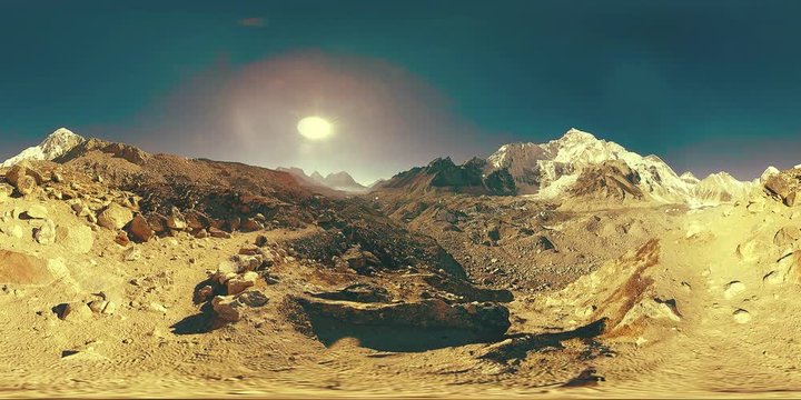360 vr of the Everest Base camp at Khumbu glacier. Khumbu valley, Sagarmatha national park, Nepal of the Himalayas. EBC track route near Gorak Shep.