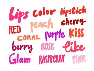 Lips, color, lipstick, red, peach, cherry, coral, kiss, like, pink, glam, rose, raspberry. Sticker for social media content. Vector hand drawn illustration design. 
