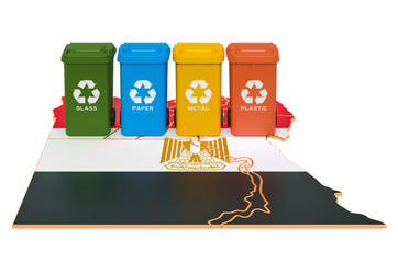 Waste recycling in Egypt. Colored trash cans on the map of Egypt, 3D rendering