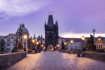Charles Bridge in Prague at sunrise
