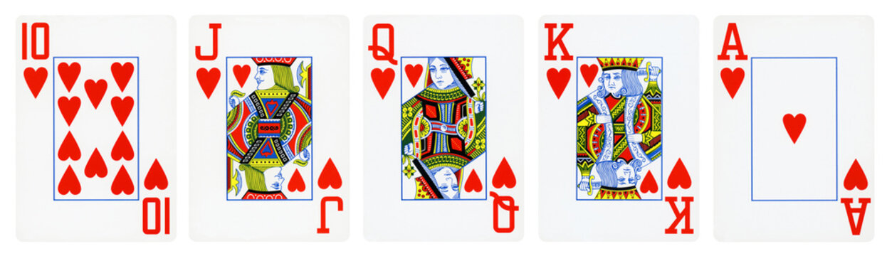 Hearts Suit Playing Cards, Set include Ace, King, Queen, Jack and Ten - isolated on white.