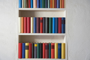 Clean white wall with a bookcase with accurate colorful books
