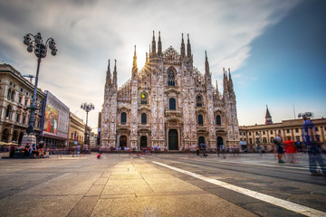 Cathedral Duomo di Milano and Vittorio Emanuele gallery in Square Piazza Duomo at sunrise, Milan, Italy, Europe