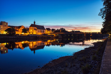 Fototapeta na wymiar Regensburg historic center at night with river danube