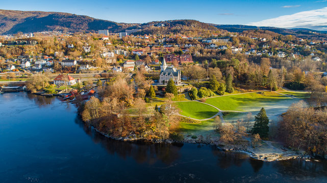 Aerial view of  Royal mansion Gamlehaugen. Bergen, Norway.