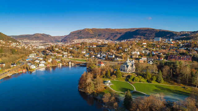 Aerial view of  Royal mansion Gamlehaugen. Bergen, Norway.