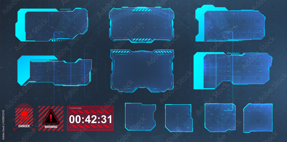 Poster Head Up Display interface screens. Futuristic data panels, informative frames in HUD style. High tech screen for video game, GUI. Sci, sky-fi Elements. Vector set HUD interface frames.