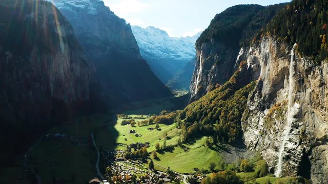 Lauterbrunnen town in Swiss Alps valley, Switzerland.