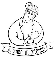 Obraz na płótnie Canvas Female researcher holds clipboard and make notes. Scientist in white coat and glasses at work. Woman conducting an experiment. Vector illustration drawings on white background with lettering on ribbon