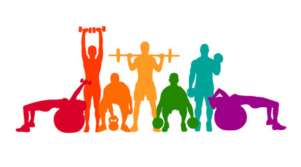 Detailed vector illustration silhouettes strong rolling people set girl and man sport fitness gym body-building workout powerlifting health training dumbbells barbell. Healthy lifestyle - obrazy, fototapety, plakaty