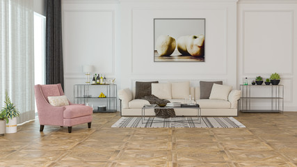 Fototapeta na wymiar Modern interior design of a living room in an apartment, house, office, comfortable sofa, bright modern interior details and light from the window on a white wall background.