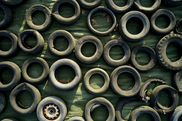 tons of old used tyres in a mix