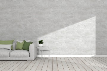 Interior wall of mock up living room. Concrete wall and grey sofa with green tone cushions on wooden floor, create tone of easy vintage interior design style with free space. 3D illustration. - 301856204