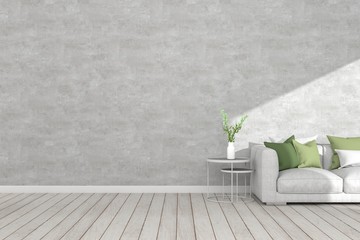 Interior wall of mock up living room. Concrete wall and grey sofa with green tone cushions on wooden floor, create tone of easy vintage interior design style with free space. 3D illustration. - 301856291