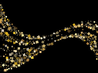 Carnival gold square confetti sparkles scatter on black. Glittering Christmas vector sequins background. Gold foil confetti party glitter illustration. Many pieces surprise backdrop.