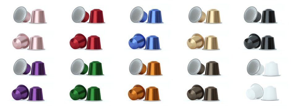 Colored coffee capsules on white background.