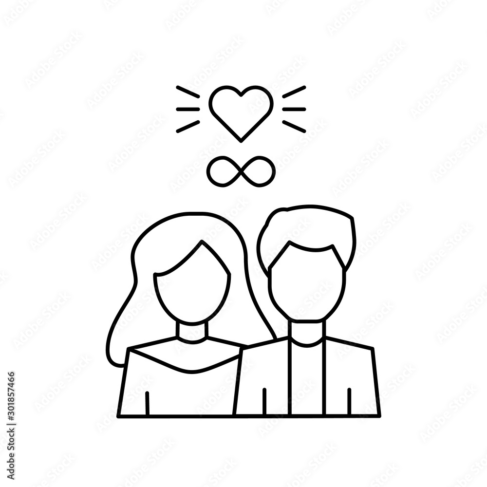 Poster man woman infinite heart icon. simple line, outline vector of having feelings icons for ui and ux, w