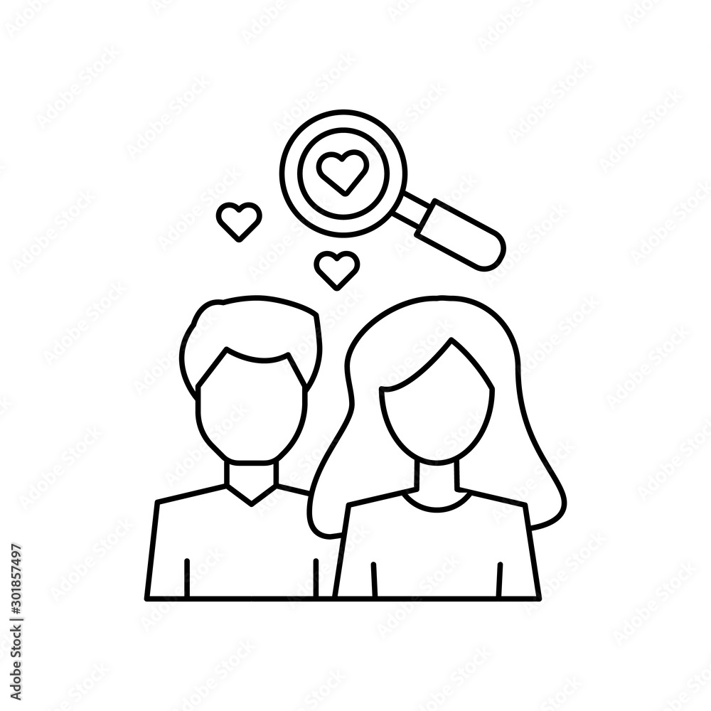 Poster man woman search heart icon. simple line, outline vector of having feelings icons for ui and ux, web