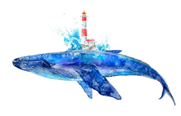 Fototapeta premium Duży płetwal błękitny, fala i latarnia morska. Krajobraz. Akwarela ręcznie rysowane ilustracji. Podwodne sztuki zwierząt.