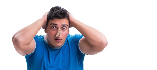 Man sweating excessively smelling bad isolated on white backgrou