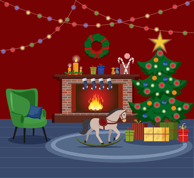 Christmas interior of the living room with a Christmas tree, gifts and a fireplace. Flat catroon  style illustration. 