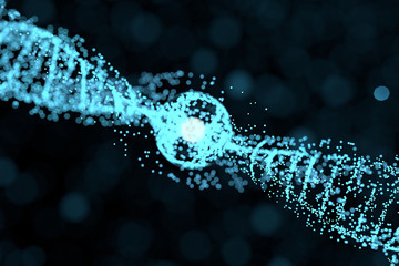 DNA particles and diffused glowing lines, 3d rendering.