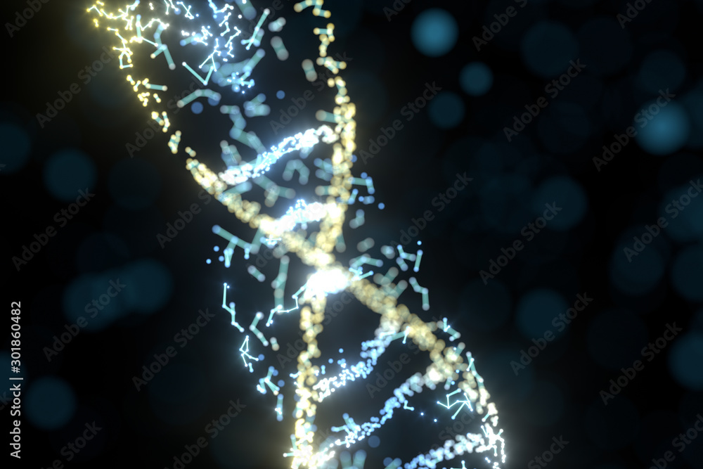 Poster dna particles and diffused glowing lines, 3d rendering.