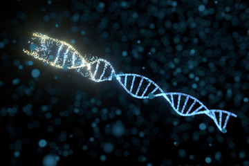 DNA particles and diffused glowing lines, 3d rendering.